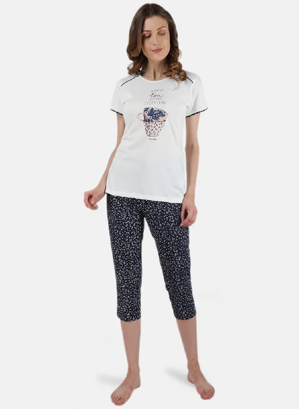 Women's Luxury Garments Chic And Trendy Womens Off White & Navy Printed Capri Set