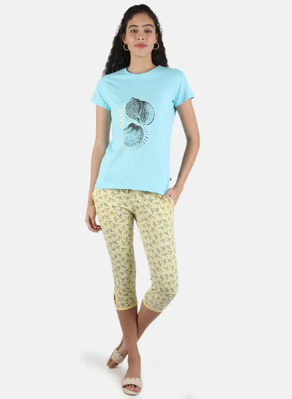 Women's Clothing For Everyday Wear Classy Style Discounts Women Blue & Yellow Printed Capri Set