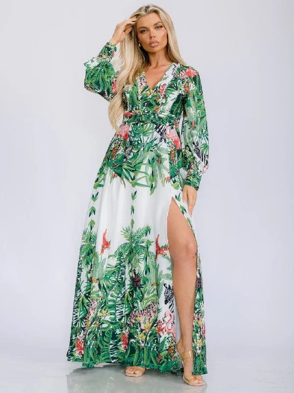 Luxury Women's Clothes Timeless Style Promotions WOMEN'S LONG SLEEVE V-NECK FRONT SLIT FLORAL PRINT MAXI DRESS