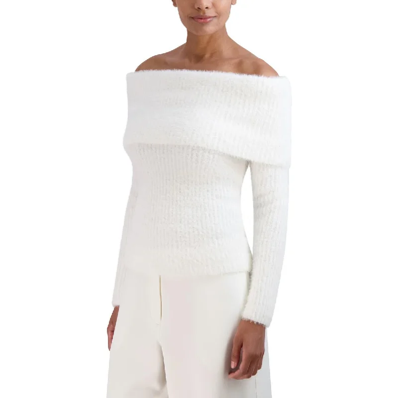 Women's Occasion Wear Clothes Fashion Forward Womens Off-the-Shoulder Ribbed Pullover Sweater