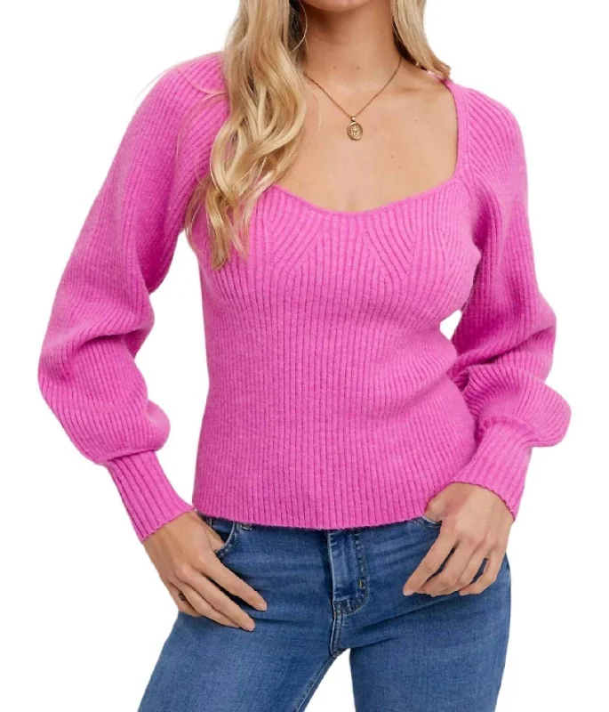 Women's Plus-Size Attire Premium Style Sweetheart Neck Sweater In Hot Pink