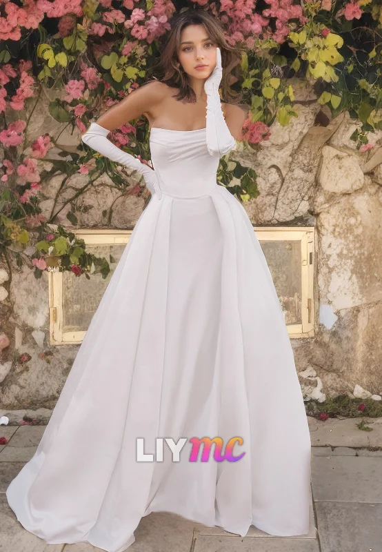 Women's Outerwear Attire Relaxed Style Deals Scoop Strapless Pleated A-Line Beach Wedding Dress