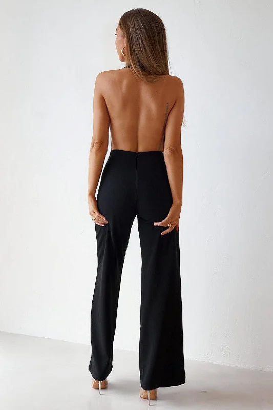 Women's Clothing Apparel Sets Sophisticated Style Offers Backless Jumpsuit - Black