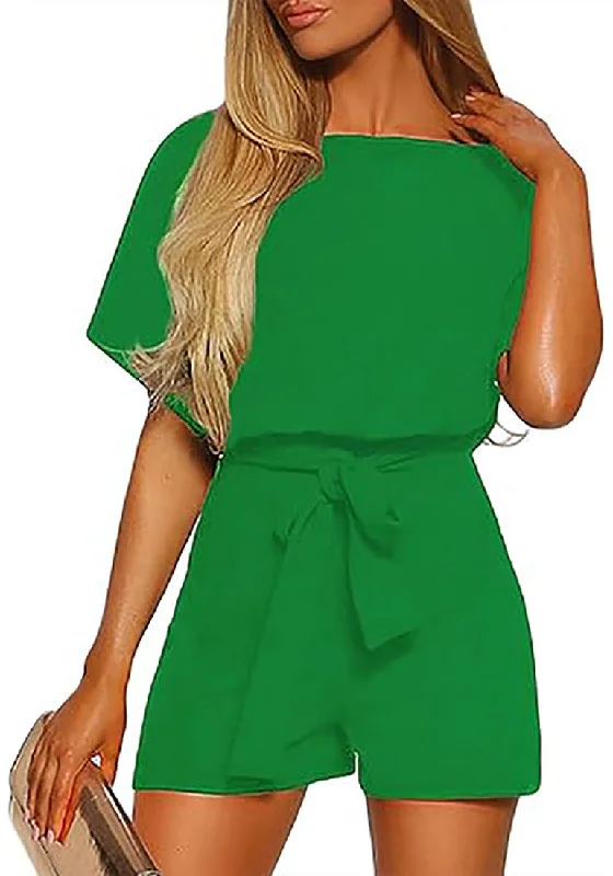 Chic Women's Garments Casual Chic Deals Fern Green Women Casual Short Sleeves Self-Tie Belted Short Romper Jumpsuits