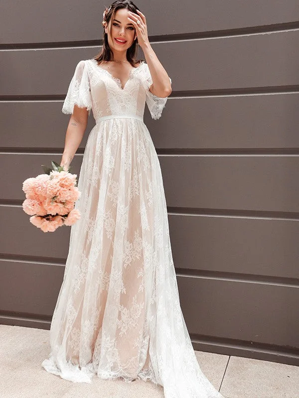 Stylish Outerwear Clothes For Women Don't Miss Out A-Line/Princess Short Sleeves Lace V-neck Sash/Ribbon/Belt Sweep/Brush Train Wedding Dresses