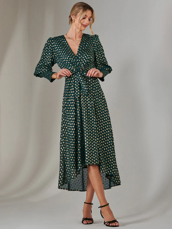 Women's Vintage-Inspired Clothing Clearance Sale, All Cheap Metallic Spot Print Puffy Sleeve Maxi Dress, Dark Green