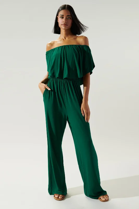 Women's Comfortable Lounge Garments Urban Style Promotions Sharpay Jersey Knit Off The Shoulder Jumpsuit | Emerald