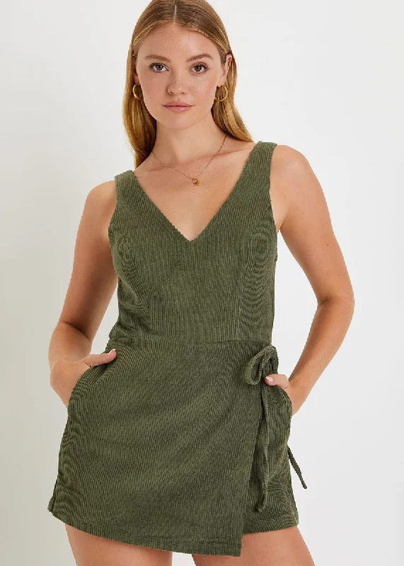 Casual Clothing For Women Romantic Chic Deals Coordinated Cuteness Corduroy Wrap Romper - Olive