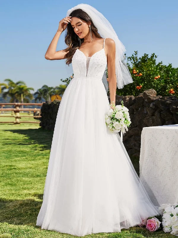 Women's Garments Huge Markdowns V-Neck A-Line Wedding Dress featuring Delicate Pearl Accents