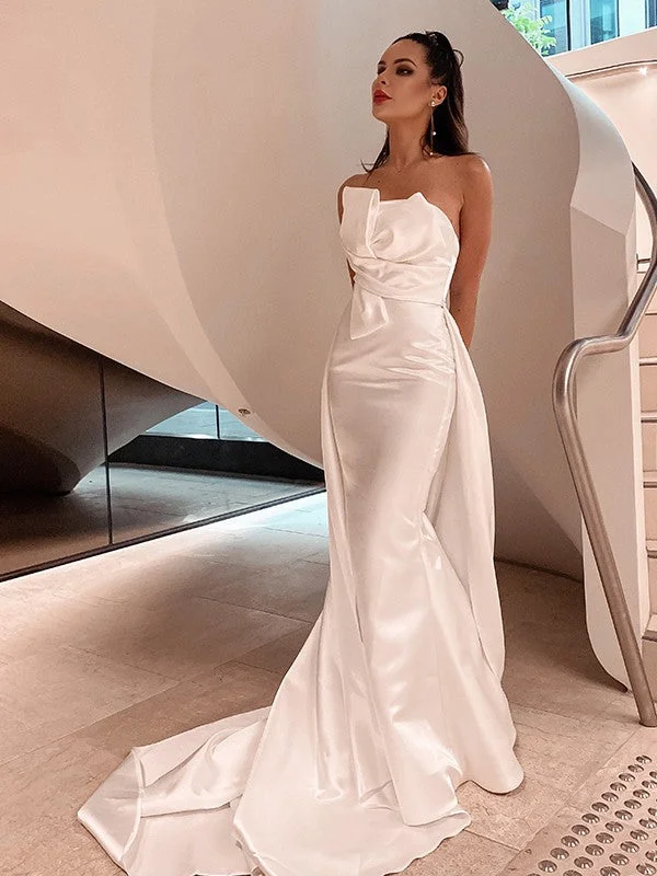 Women's Elegant Clothes Insane Discount Onslaught A-Line/Princess Satin Ruched Strapless Sleeveless Court Train Wedding Dresses