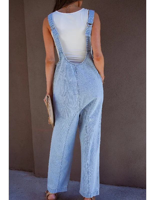 Women's Resort Apparel Luxe Style Discounts Ice Blue Women's Casual Denim Low Scoop Neckline Jumpsuits With Adjustable Shoulder Pocket Cropped Overalls