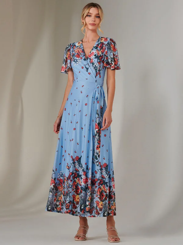 Women's Office Clothing Affordable Trendy Fashion Mirror Print Mesh Wrap Maxi Dress, Blue Floral