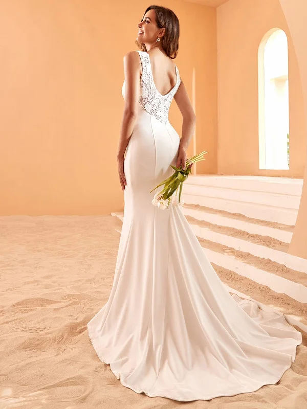 Women's Plus-Size Clothes Trend Leading Collection Embroidery Backless Mermaid Sleeveless Deep V-Neck Wedding Dress