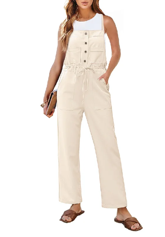 Women's Functional Outfit For Outdoor Activities Fashion Sale Pearled Ivory Women's Button Down Pocket Straight Leg Vintage Casual Overalls