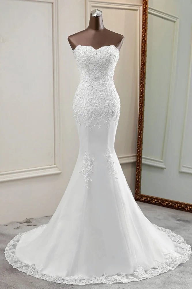 Women's Formal Apparel Additional Time-Limited Offers Strapless Lace Appliques Bride Gown Long Mermaid Wedding Gown With Beadings