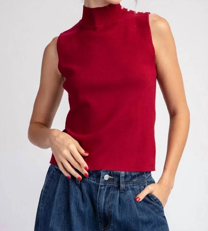 Stylish Women's Clothing Chic Trend Collection Mock Neck Sleeveless Sweater Top In Cherry Red