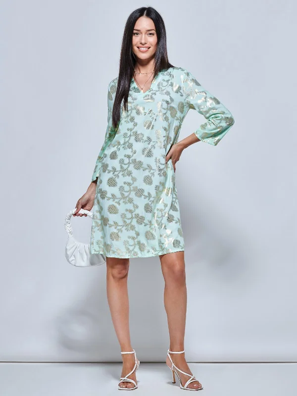 Women's Chic Outfit Modern Chic Discounts 3/4 Sleeve Printed Midi Tunic Holiday Dress, Green Abstract