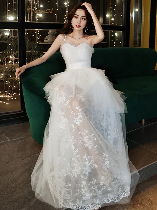 Women's Resort Attire Stylish Looks Wedding Dress Spaghetti Strap Tulle Lace Splicing Layered Formal Wear Dresses