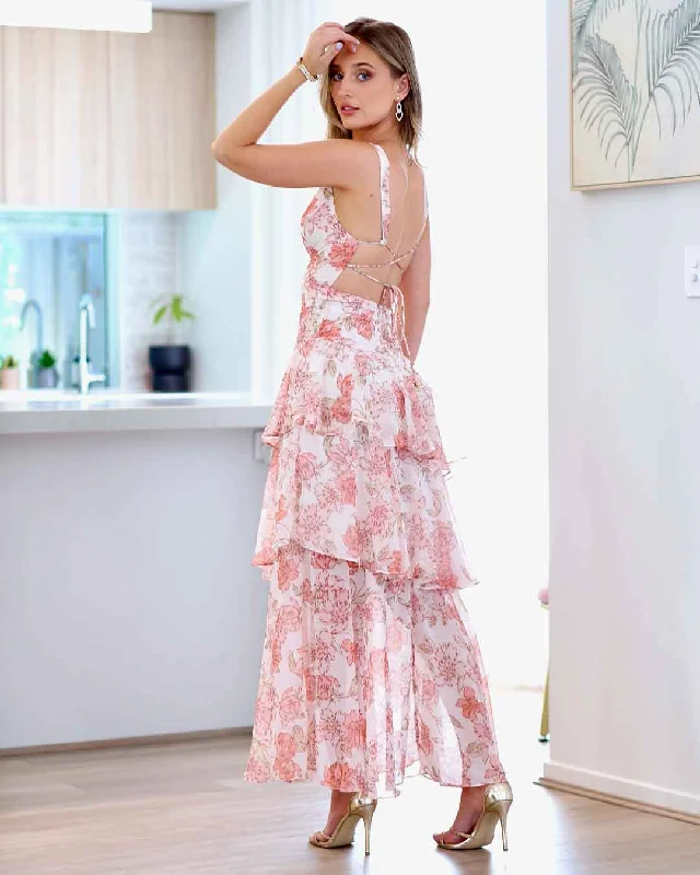 Women's Elegant Clothing Sets Urban Style Promotions Bella Layered Chiffon Maxi Dress - Peach Floral