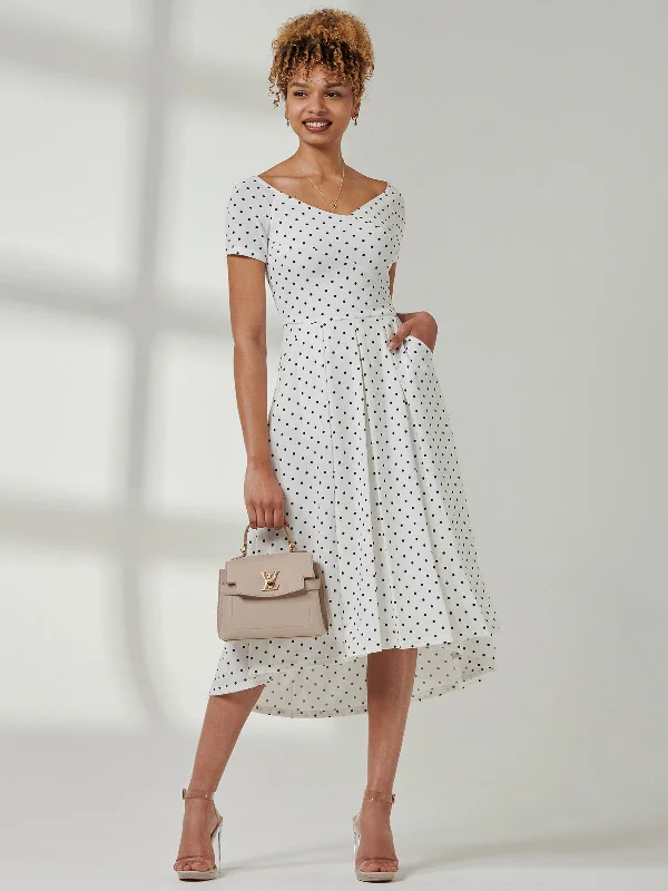 Women's Holiday Clothes Flash Sale Starts Fit & Flare Pleated Ponte Midi Dress, White Polka Dot