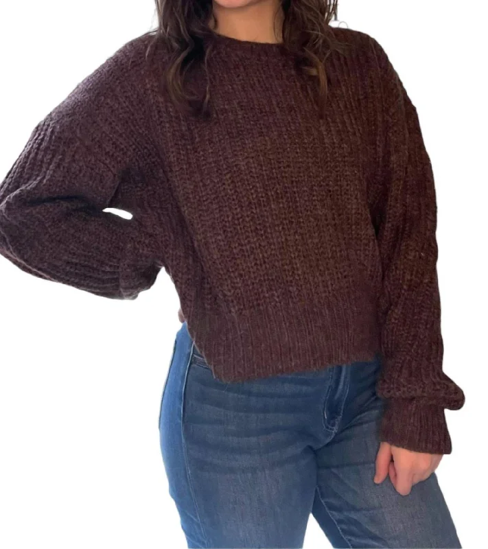 Women's Athletic Garments Sophisticated Style Offers Solid Ribbed Knit Drop Shoulder Sweater In Chocolate Brown