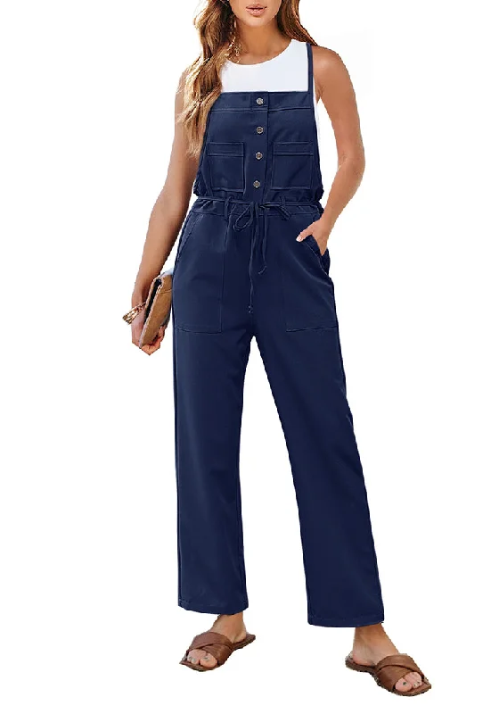 Comfortable Outfit For Women Unleash Your Style Navy Blue Women's Button Down Pocket Straight Leg Vintage Casual Overalls