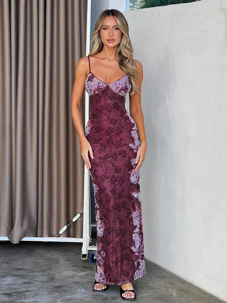 Women's Chic Outerwear Attire Exclusive Deals Online Print Long Spaghetti Strap Summer Backless Nightclub Sexy Midi Dress