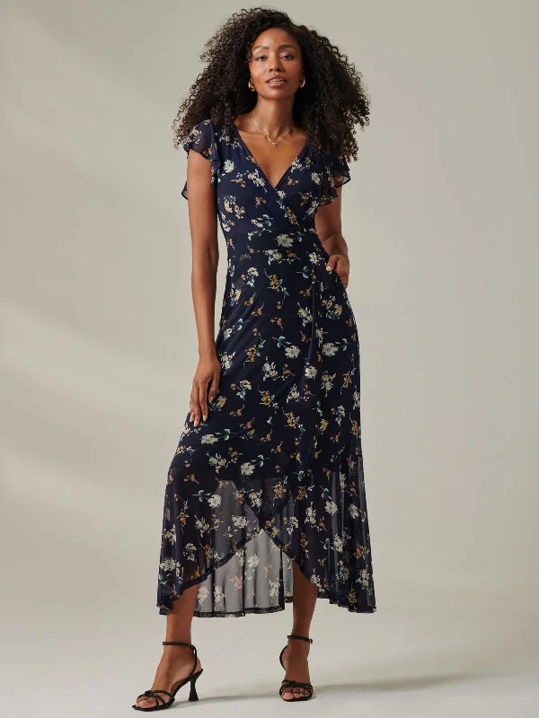 Casual Clothing For Women Discount Extravaganza Heleyna Ruffle Hem Mesh Maxi Dress, Navy Floral