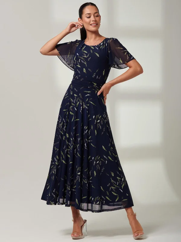 Stylish Women's Outerwear Apparel Unleash Your Fashion Elvira Print Mesh Maxi Dress, Navy Leafy