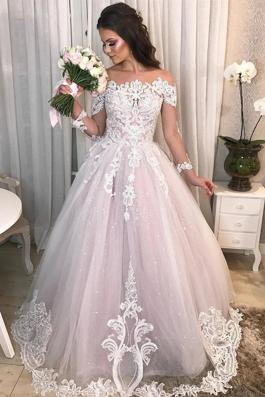 Trendy Athleisure Clothing For Women Contemporary Fashion Sale Off the Shoulder Tulle Bateau Long Wedding Dresses with Sleeves Bride Dress