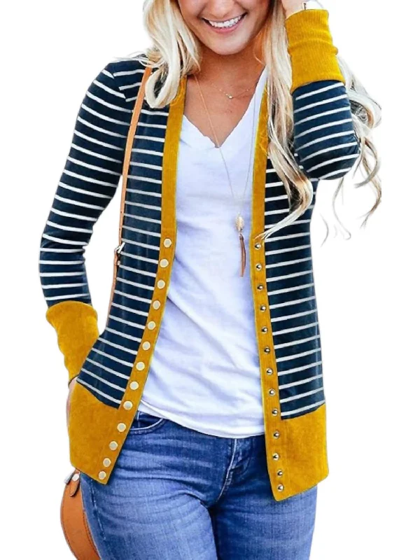 Women's Stylish Outdoor Outfit On-Trend Fashion Offers Striped Snap Cardigan In Navy/mustard