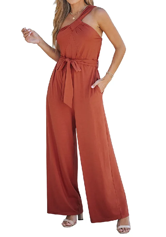 Women's Relaxed Clothes Hot Items Rust Comfy Sleeveless Belted Jumpsuits & Long Rompers for Women