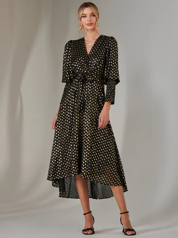 Classic Women's Clothing Styles Spring Offer Metallic Spot Print Puffy Sleeve Maxi Dress, Black