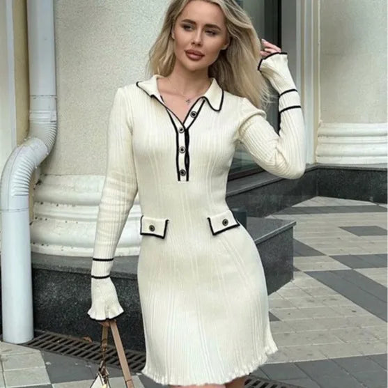 Women's Chic Outerwear Outfit Fashion Forward Slim Short French Strip Skinny Long Korean Midi Dresses