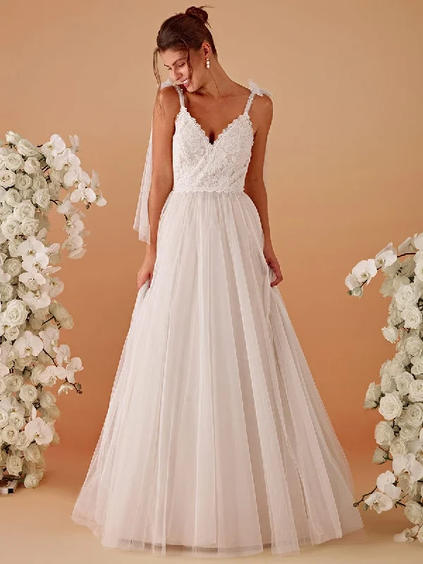 Modern Women's Attire Budget Friendly Romantic Lace and Tulle Tie-Shoulder Wedding Dress