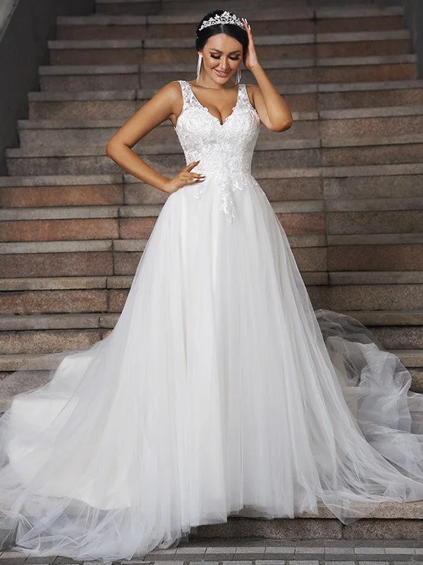 Women's Timeless Attire Exclusive Designer Style Deals A-Line/Princess Tulle Applique V-neck Sleeveless Court Train Wedding Dresses