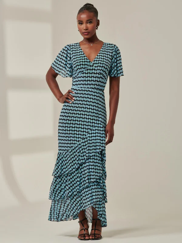 Women's Casual Wear Clothes Vintage-Modern Style Offers Geo Print Tiered Maxi Dress, Blue Geo