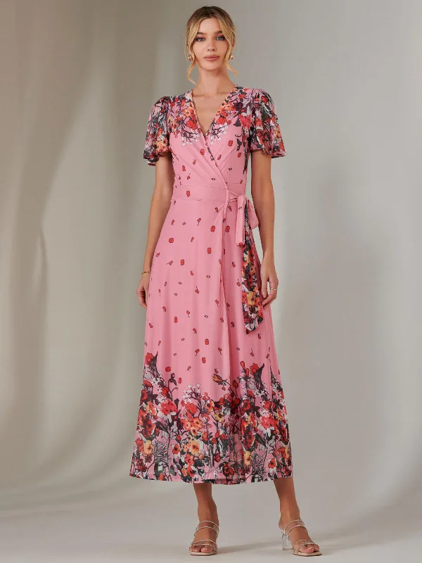 Women's Fashion Clothes Day-To-Night Styles Mirror Print Mesh Wrap Maxi Dress, Pink Floral