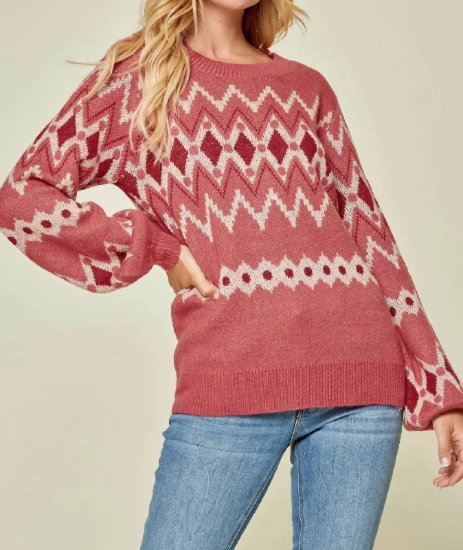 Women's Clothing For Outdoor Activities Stylish Statements Geometric Sweater In Marsala