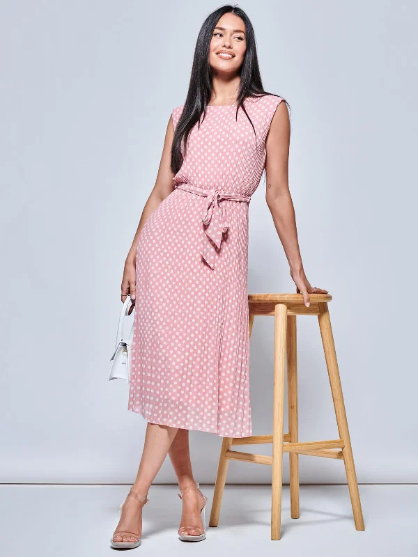 Women's Stylish Professional Garments Sustainable Fashion Extravaganza Hayes Pleated Chiffon Midi Dress, Pink Polka