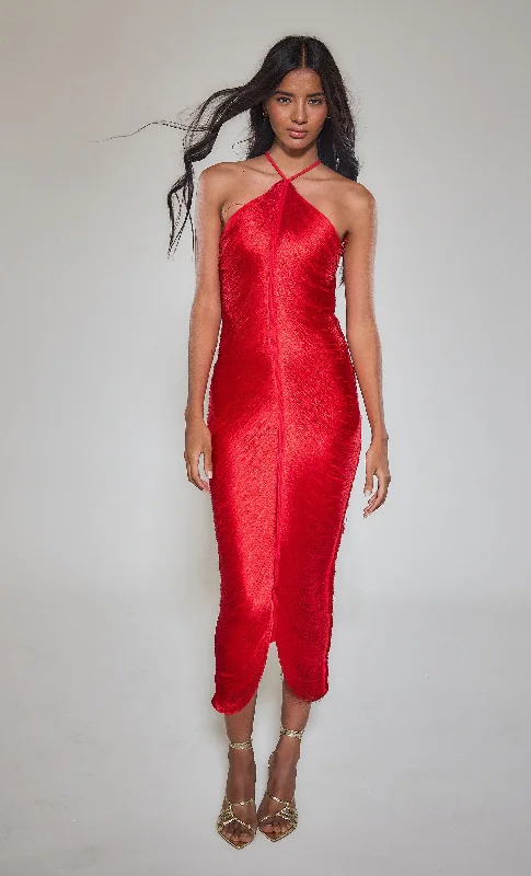 Women's High-End Clothing Additional Time-Limited Offers Red Fringe Detail Halter Neck Maxi Dress