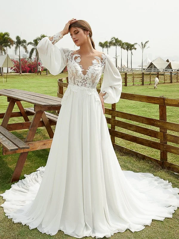 Women's Plus-Size Casual Outfit Trendy Styles A-Line/Princess Chiffon Applique Scoop Long Sleeves Chapel Train Wedding Dresses