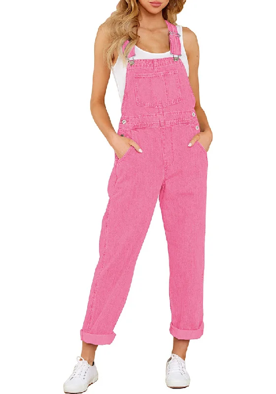 Comfortable Women's Apparel Contemporary Fashion Sale Candy Pink Women's Casual Stretch Denim Bib Overalls Pants Pocketed Jeans Jumpsuits