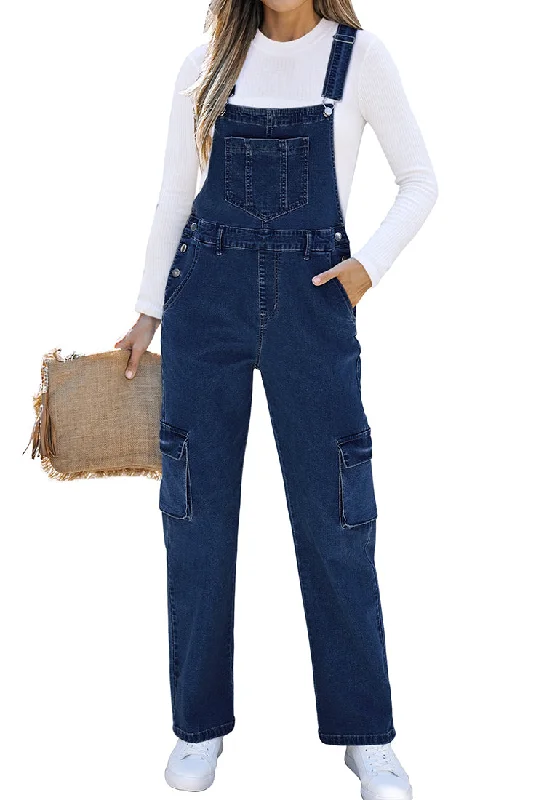 Women's Clothing For Outdoor Activities Discount Extravaganza Dark Blue Women's Casual Adjustable Strap Wide Leg Jumpsuit with Pocket Jeans Trouser