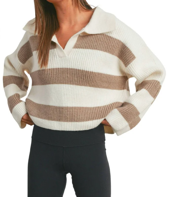 Women's Cozy Winter Attire Sporty Fashion Offers Striped Wide Collar Sweater In Ivory/taupe