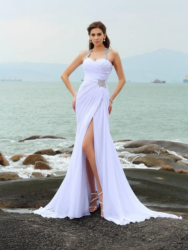 Sustainable Fashion Clothing For Women Style Revolution Sheath/Column Straps Beading Sleeveless Long Chiffon Beach Wedding Dresses