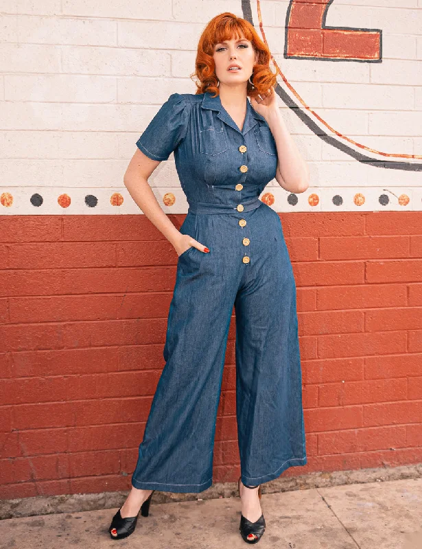 Women's Classic Outfit Chic & Cozy Collection Scout for Loco Lindo Denim Blue Chambray 1940s Pacific Coveralls