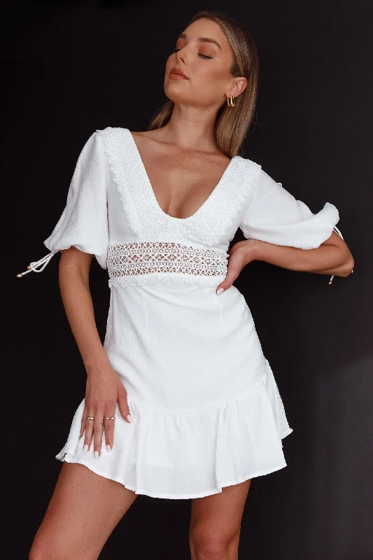 Women's Vintage Attire Style Upgrade Vista Embroidery Trim Mini Dress White