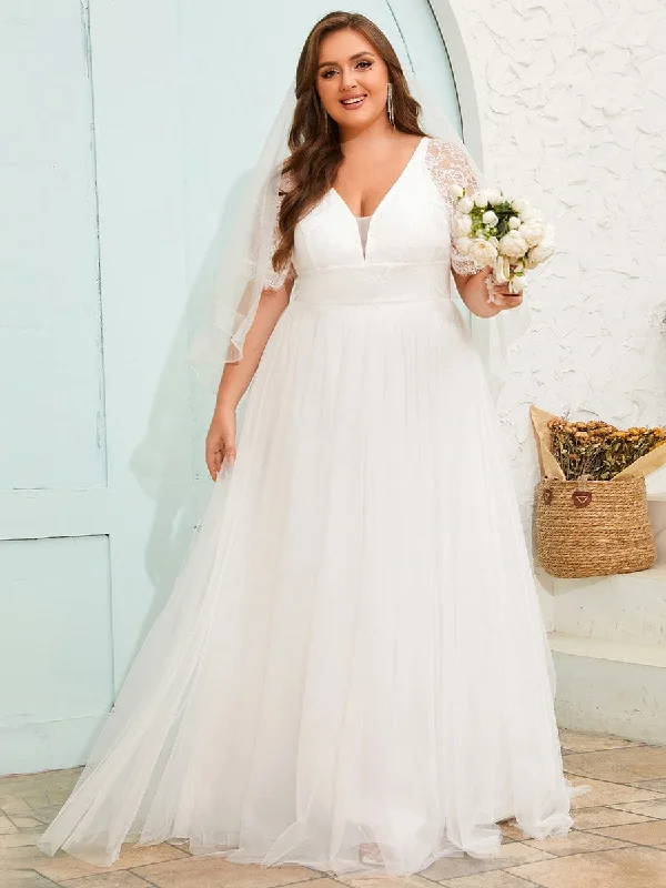 Women's Plus-Size Attire Seize Bargains Lacy | Dreamy Plus Size V-Neck Lace Short Sleeves Tulle Wedding Dresses