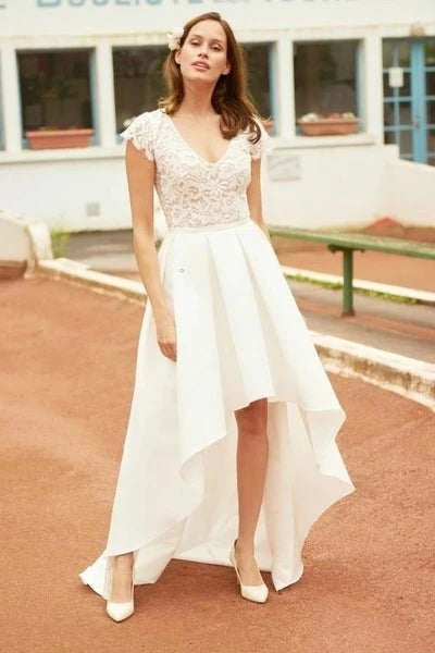 Women's Clothes For Work Events Fashion-Forward V Neck Vintage High Low Capped Sleeves Lace Appliques Wedding Dresses